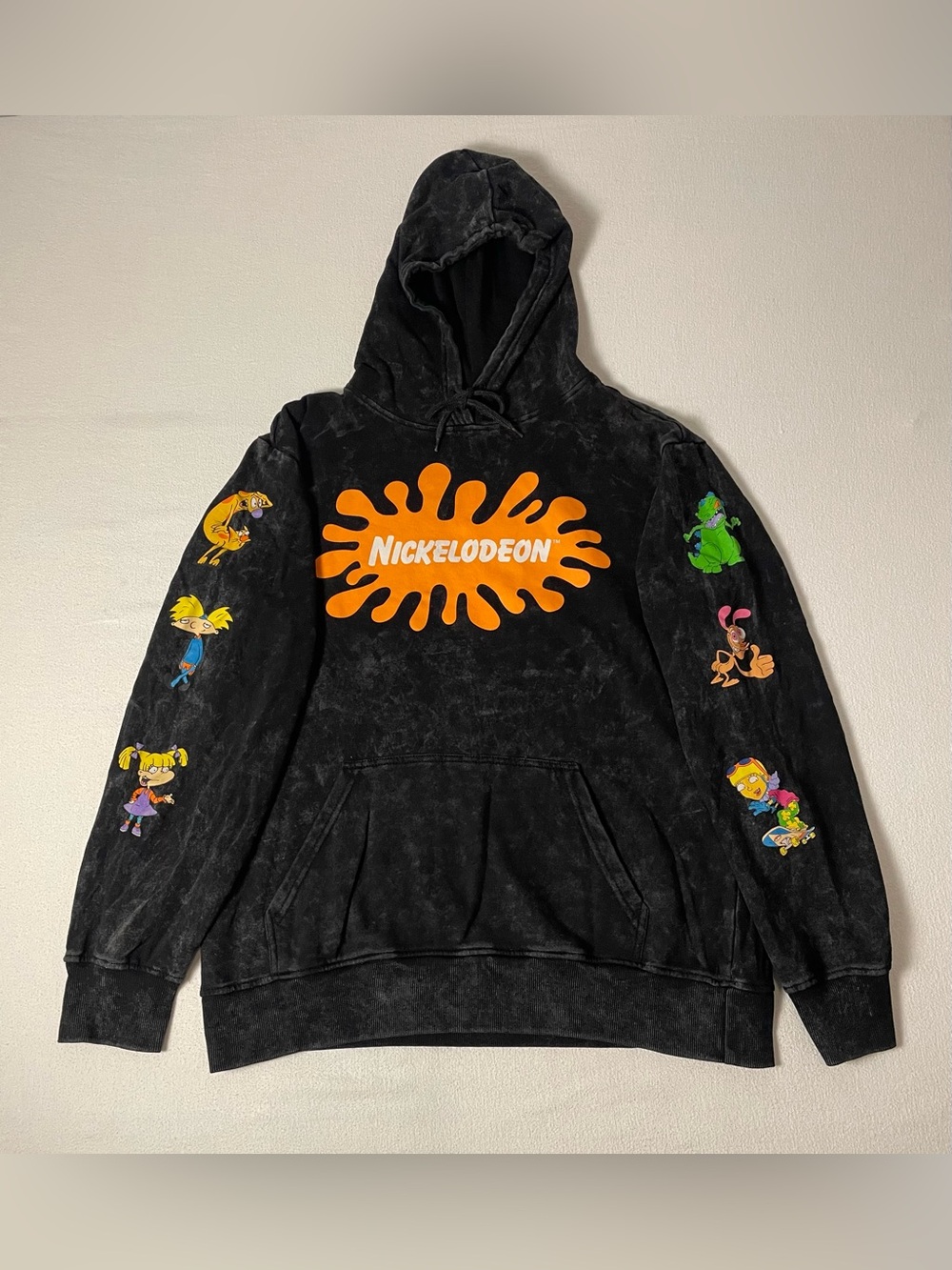 Nickelodeon Mens L Hoodie Charcoal Acid Wash 90s Cartoon Graphic Logo Rugrats